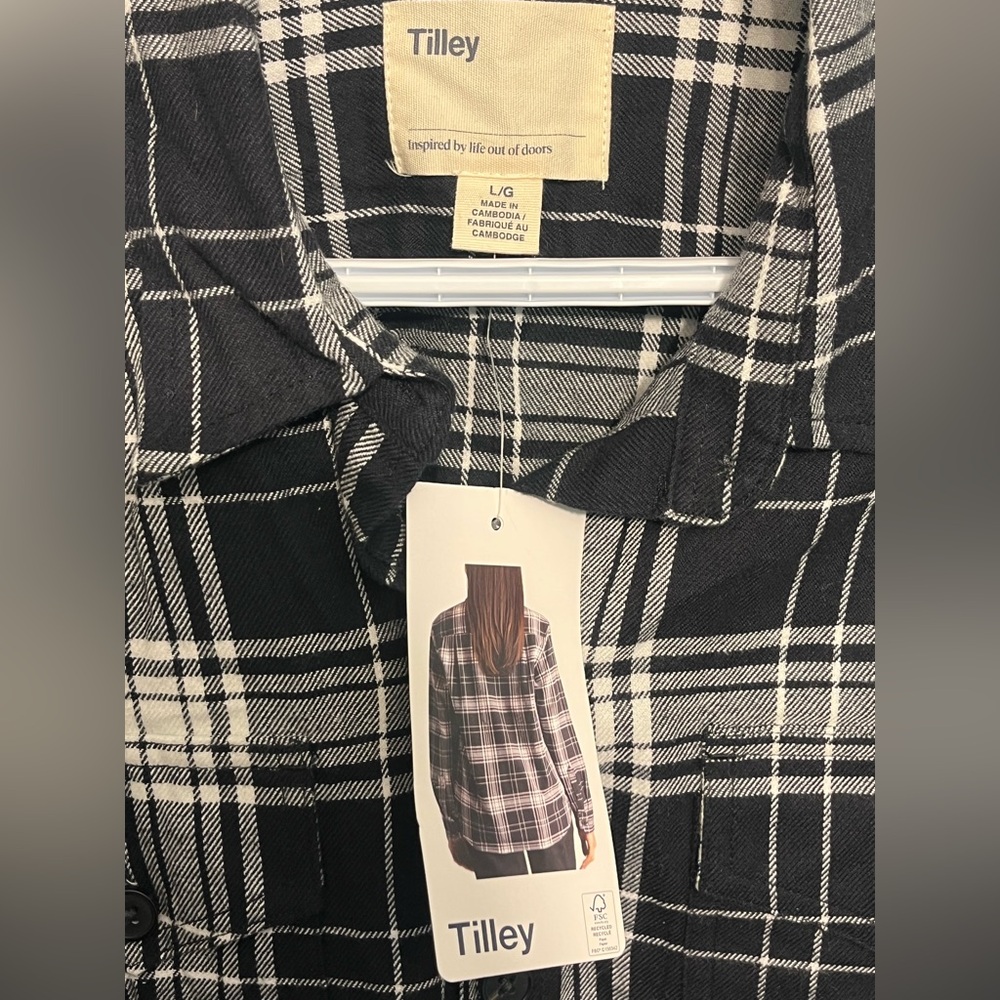 Tilley Black and White Plaid Button Up Jacket/Shirt Flannel NEW with tags Size L - Picture 5 of 7
